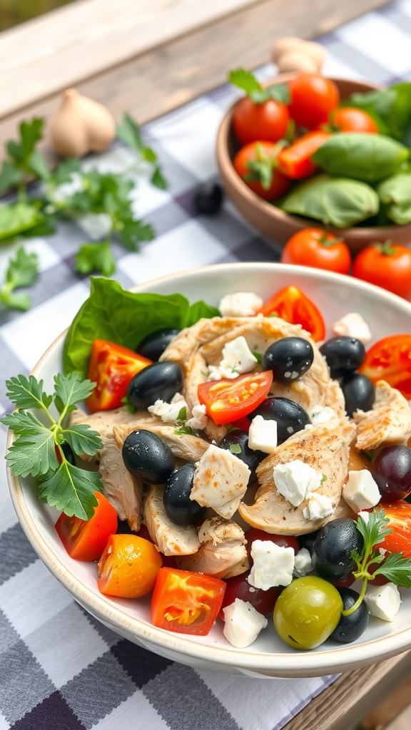 A colorful Mediterranean chicken salad with chicken, olives, tomatoes, and feta cheese.