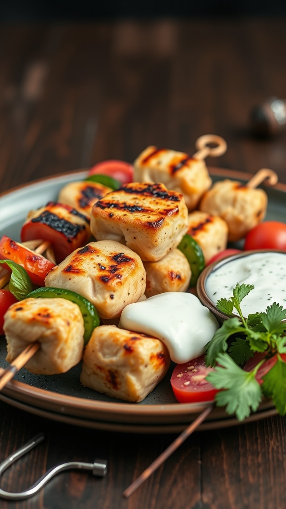 Delicious Mediterranean chicken skewers with vegetables on a plate