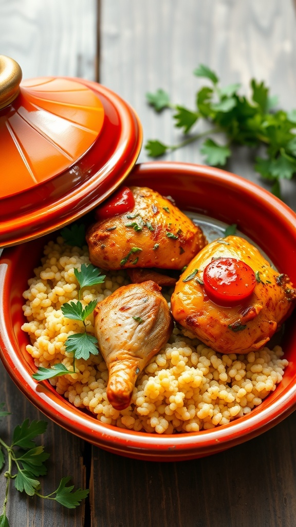 A bowl of Moroccan Chicken Tagine with chicken pieces, couscous, and garnished with fresh herbs.