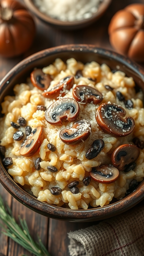 A bowl of creamy mushroom risotto topped with parmesan and mushrooms.