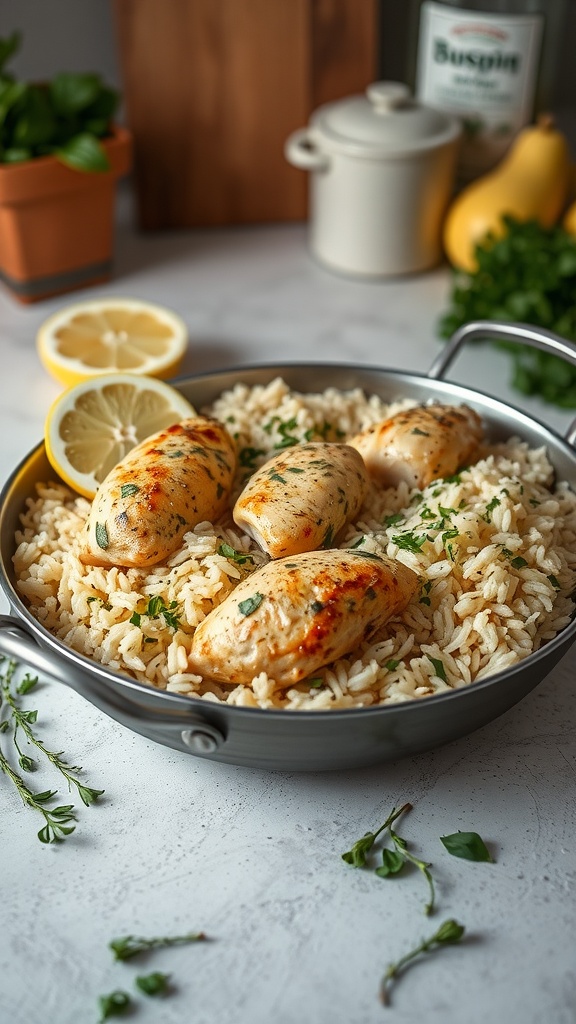 A beautifully cooked one-pan lemon herb chicken and rice dish with lemon slices and herbs.