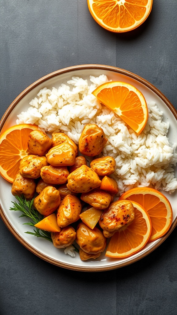 Plate of Orange Ginger Chicken with rice and orange slices