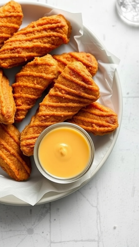 Oven-fried chicken tenders served with a side of dipping sauce.
