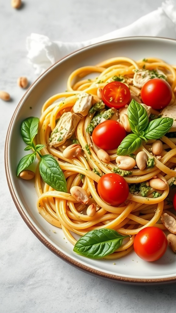 A plate of pasta with chicken, pesto, cherry tomatoes, and basil.
