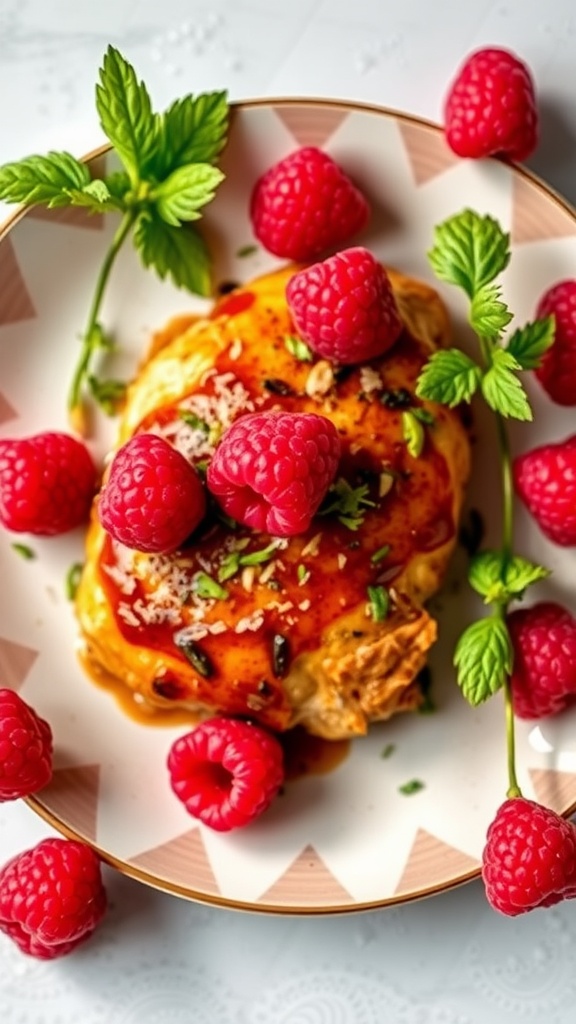 A plate of Raspberry Chipotle Chicken garnished with fresh raspberries and herbs.
