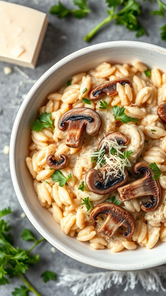 A bowl of creamy chicken and mushroom risotto garnished with parsley.
