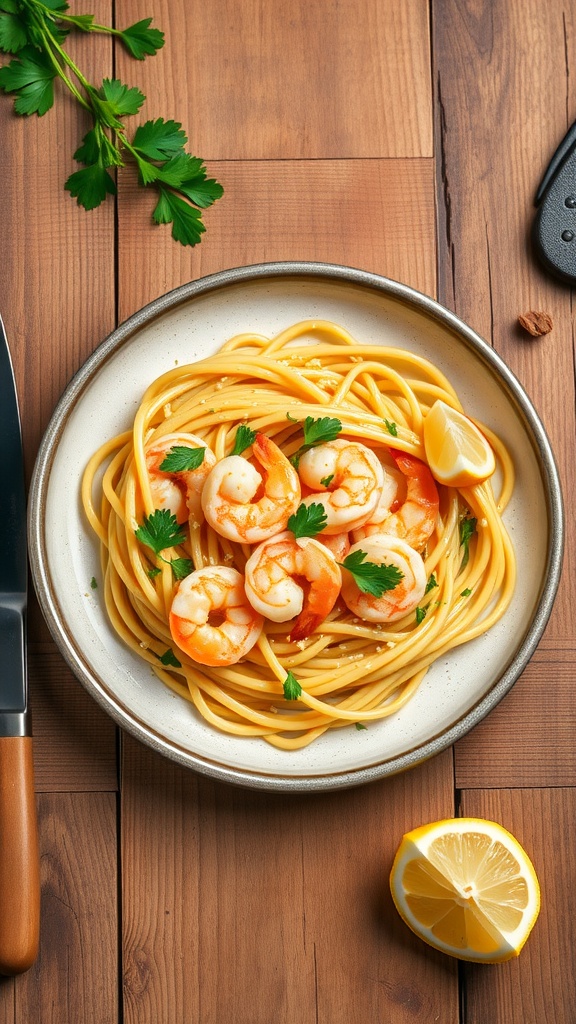 A plate of garlic butter shrimp pasta garnished with parsley and lemon slices, set on a wooden table.