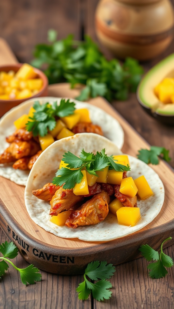 Delicious spicy chicken tacos topped with fresh mango salsa and cilantro.