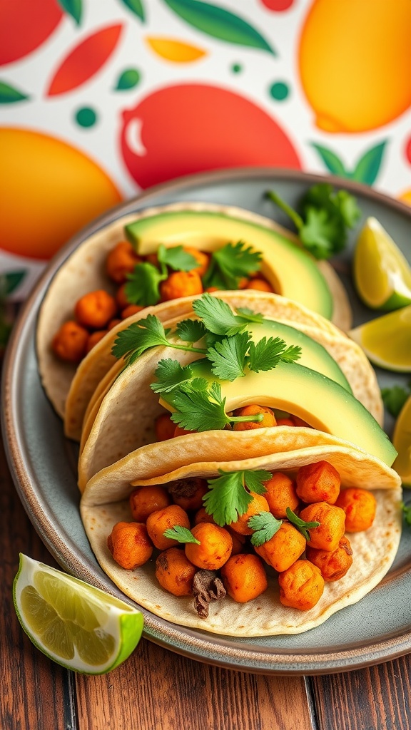 A plate of spicy chickpea tacos with avocado, garnished with cilantro and lime wedges.