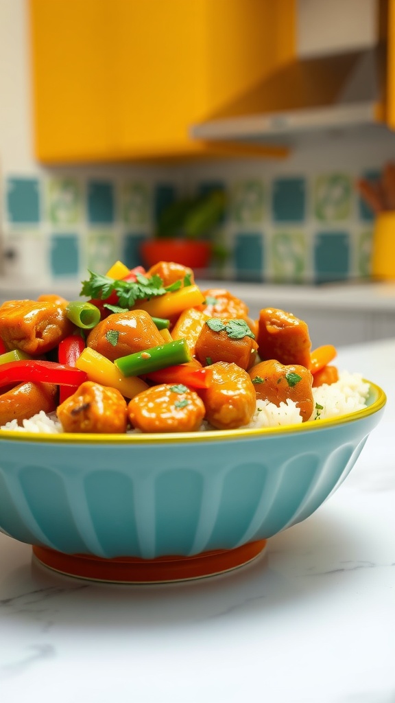 A colorful bowl of Spicy Honey Garlic Chicken Stir-Fry served over rice.