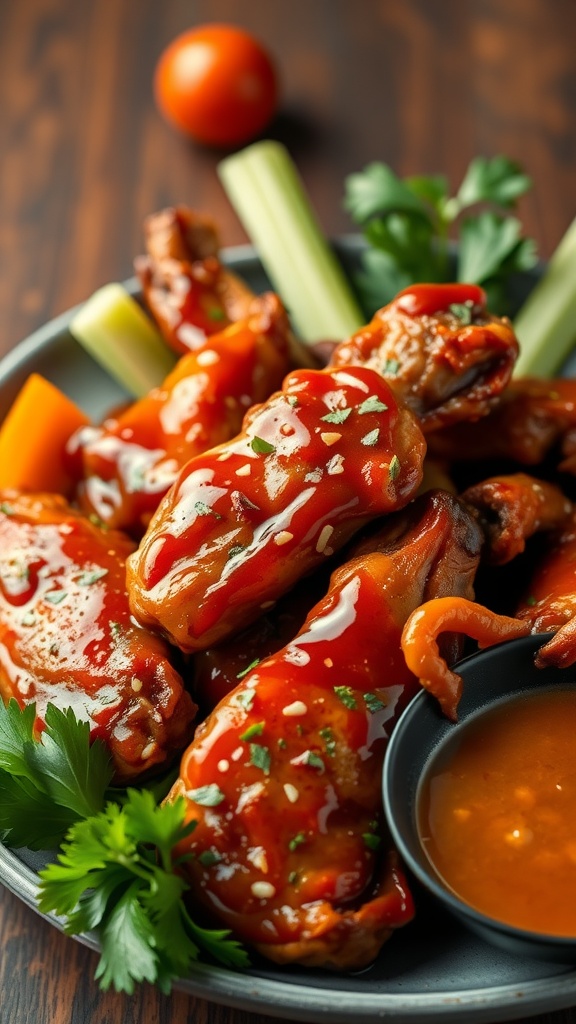 Spicy honey garlic chicken wings garnished with sesame seeds and green onions.
