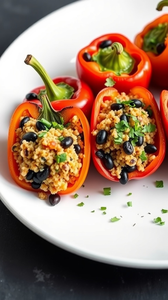 Stuffed bell peppers filled with quinoa and black beans on a white plate.