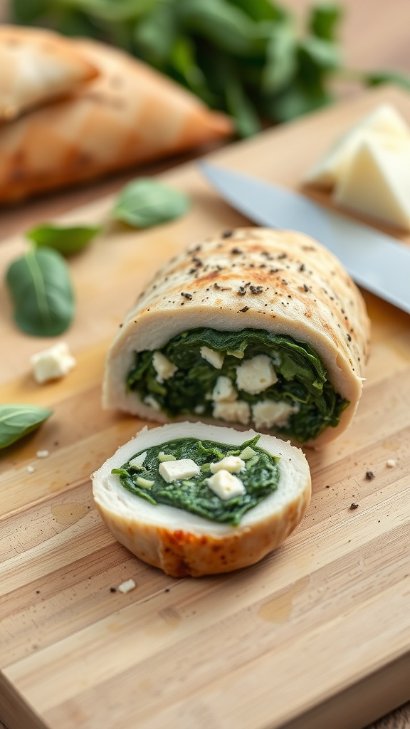 Stuffed chicken breast filled with spinach and feta on a wooden cutting board.