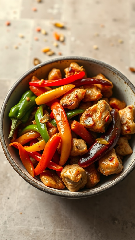 A colorful bowl of Szechuan Chicken with assorted bell peppers.