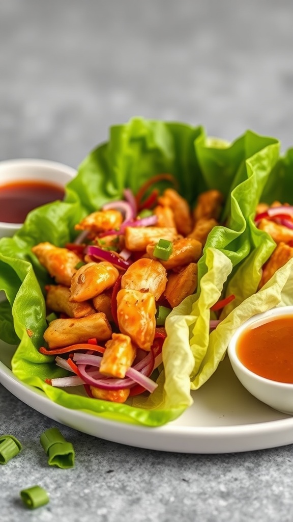 Healthy and delicious teriyaki chicken lettuce wraps filled with vegetables and served with sauce.