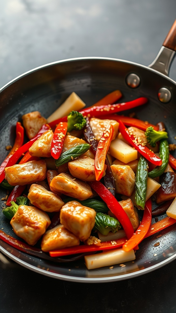 A colorful plate of chicken stir-fry with vegetables