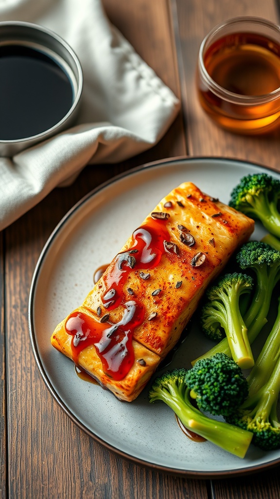 A plate of teriyaki glazed salmon with broccoli on a wooden table.