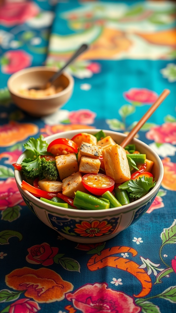 A colorful bowl of vegetable stir-fry with tofu on a vibrant tablecloth.