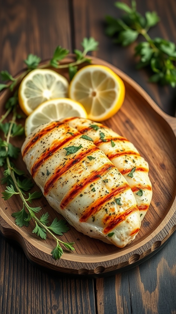 Grilled chicken breast garnished with lemon slices and fresh herbs.