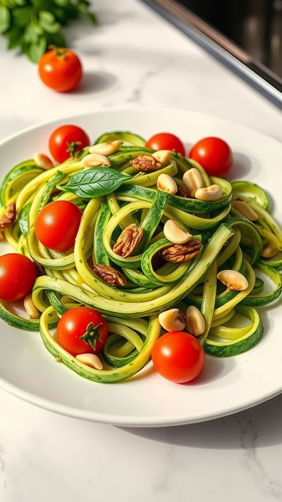 A plate of zucchini noodles topped with cherry tomatoes and nuts