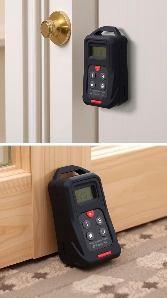 Portable Alarm Door Stopper positioned against a door with a digital display