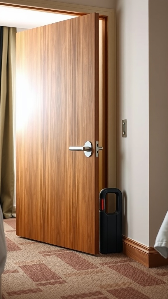 A partially open wooden door with a portable alarm door stopper beside it.