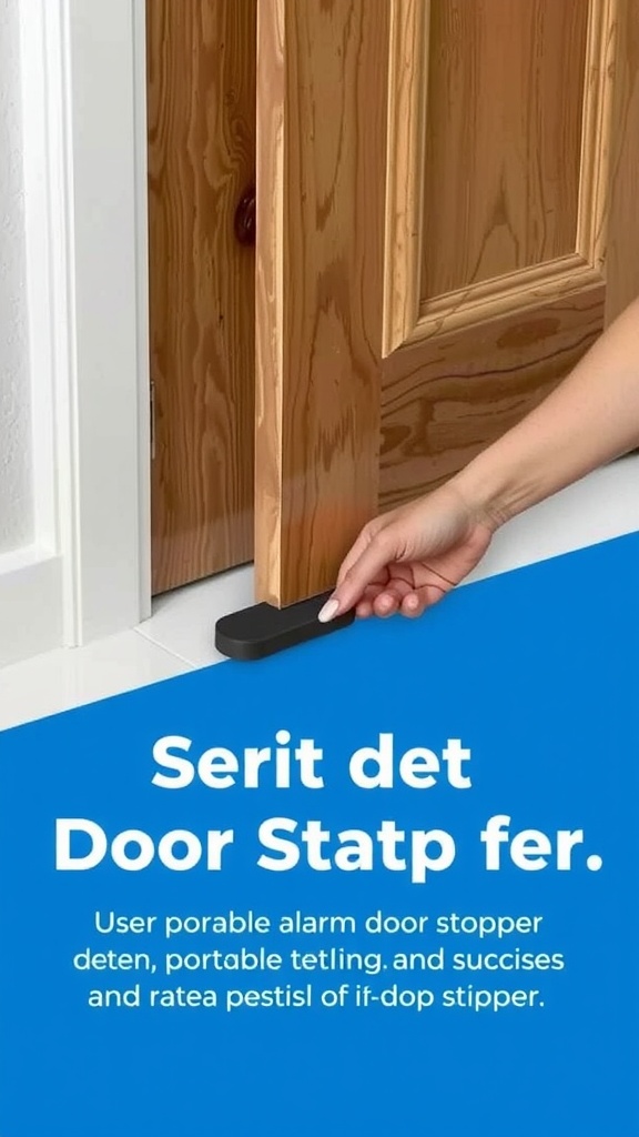 A hand placing a portable alarm door stopper at the base of a wooden door.