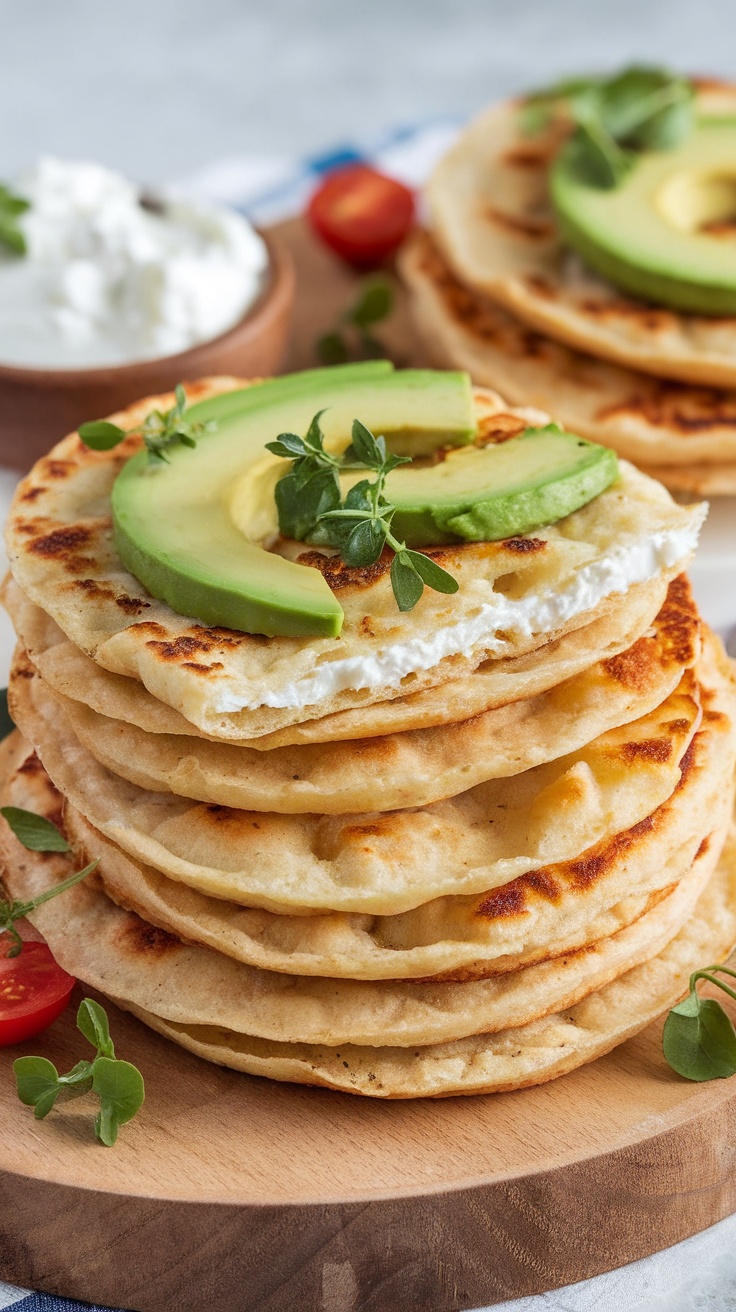 Golden-brown cottage cheese flatbreads stacked on a wooden board, garnished with herbs and avocado, with cottage cheese and tomatoes in the background.