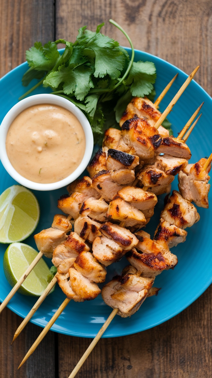 Grilled chicken satay skewers with peanut sauce and lime wedges on a rustic wooden table.