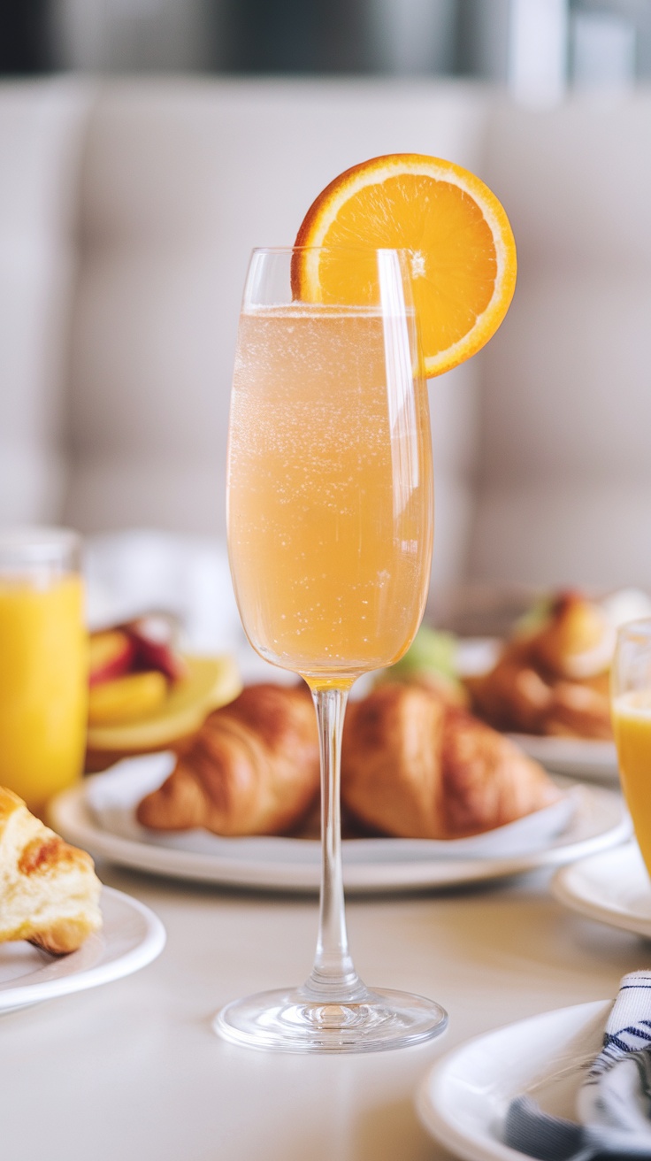 A refreshing glass of mimosa with orange juice and sparkling wine, garnished with an orange slice on a brunch table.