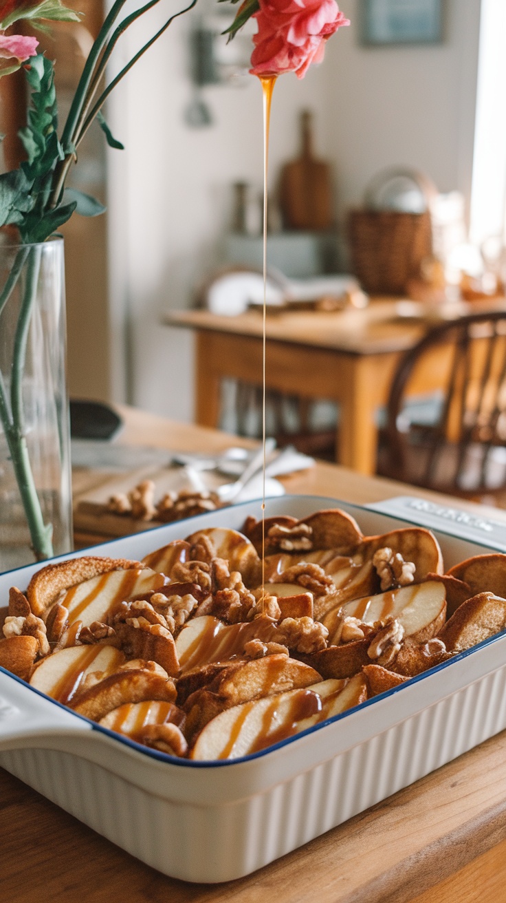 A delicious apple French toast casserole topped with caramel and nuts.