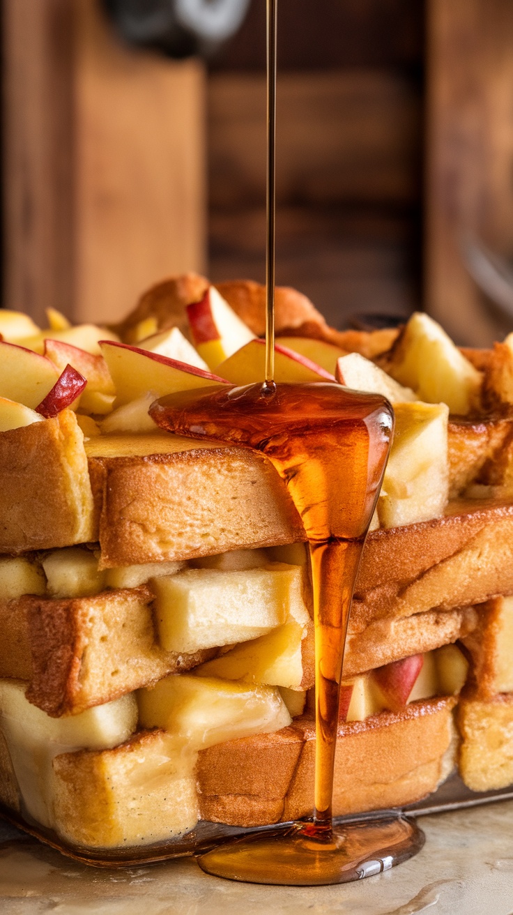Maple syrup being poured over apple French toast casserole