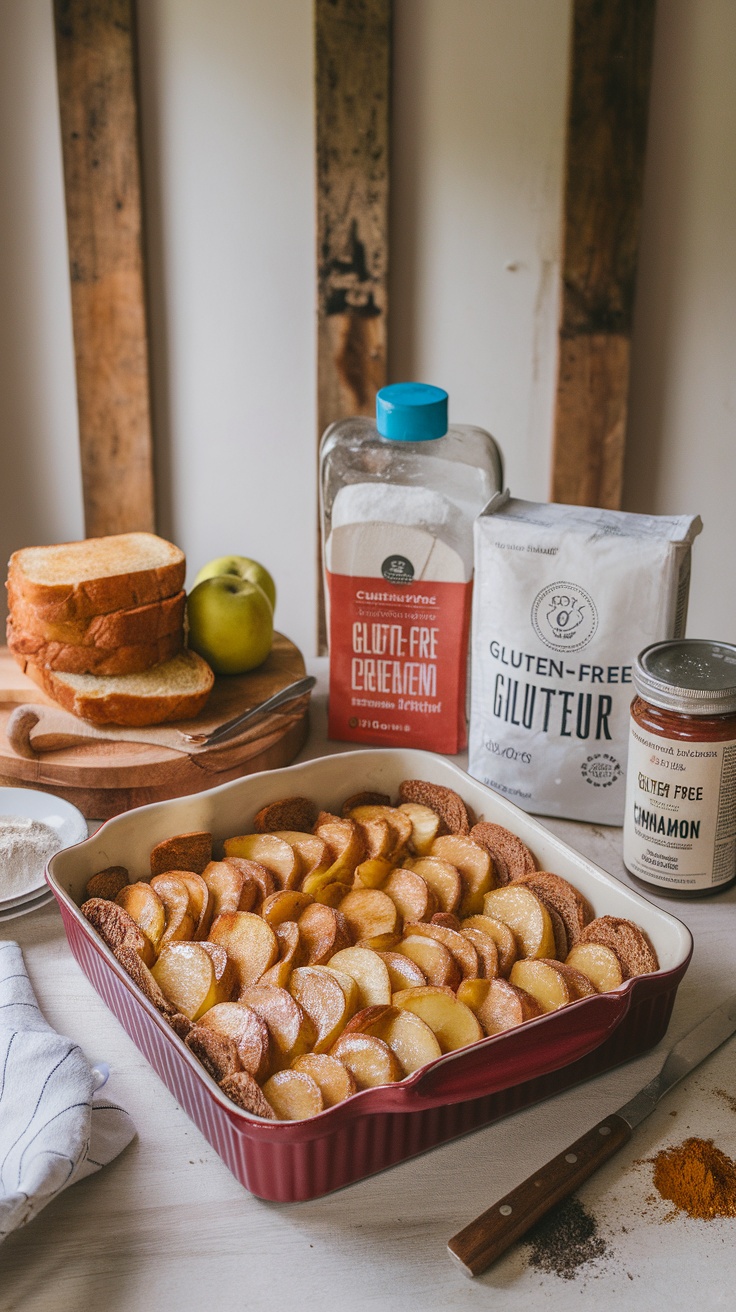 A delicious apple French toast casserole made with gluten-free ingredients, displayed with gluten-free flour, cinnamon, and other baking supplies.