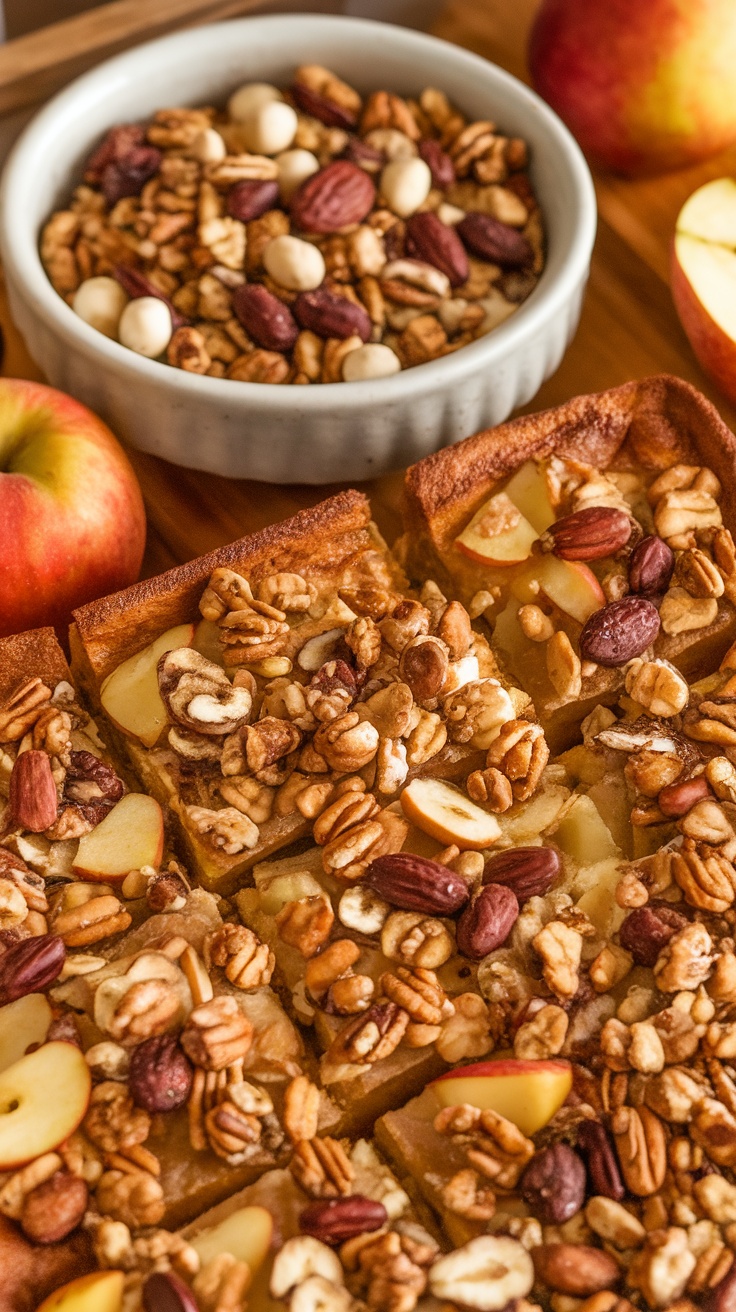 Apple French toast casserole topped with an assortment of nuts and served with fresh apples.