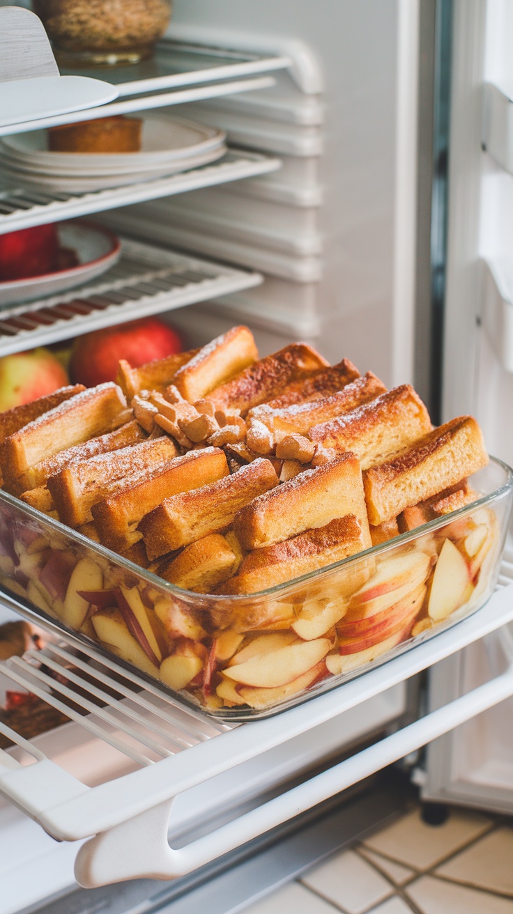 Apple French Toast Casserole in a glass dish, sitting on a refrigerator shelf, with apples in the background.