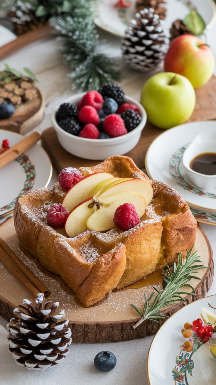 Apple French toast casserole with slices of apple and raspberries, surrounded by festive decorations.