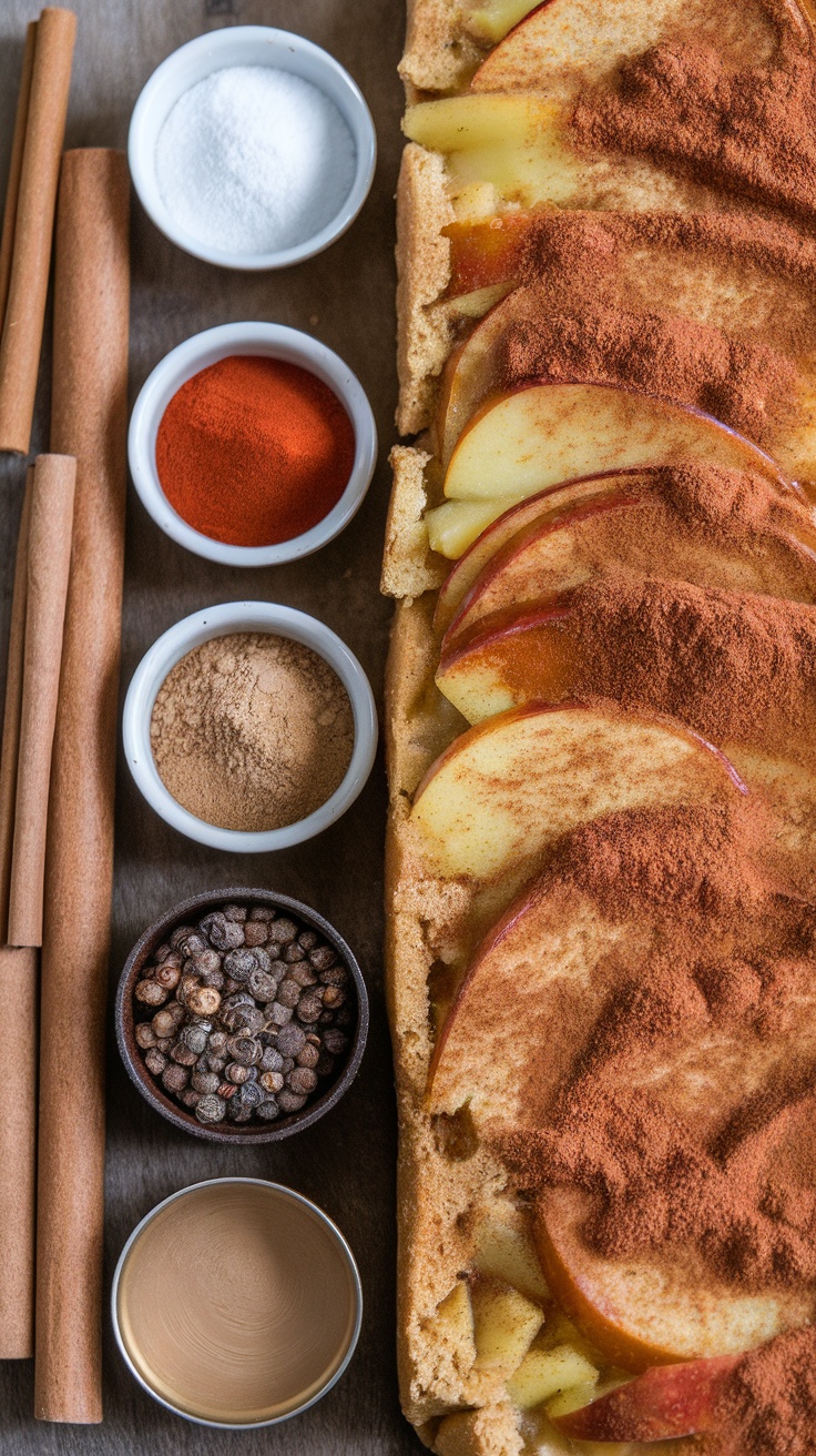 A close-up of apple French toast casserole with spices, including cinnamon and nutmeg.