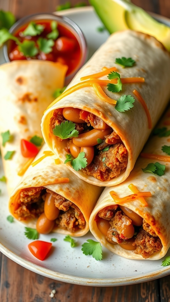 Delicious beef and bean burritos drizzled with cheese and topped with cilantro