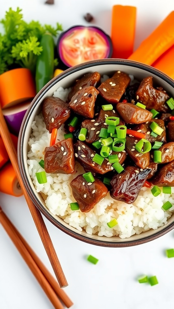 A bowl of Mongolian Beef over white rice, garnished with green onions and surrounded by fresh vegetables.