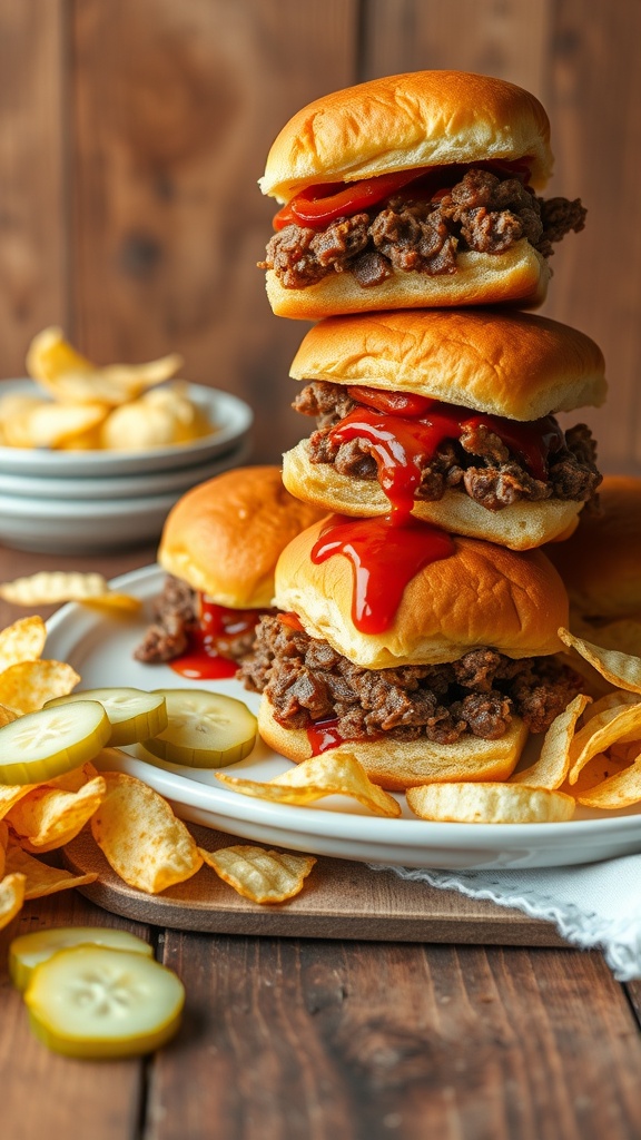 A plate of BBQ chopped beef sliders stacked high, served with pickles and potato chips.