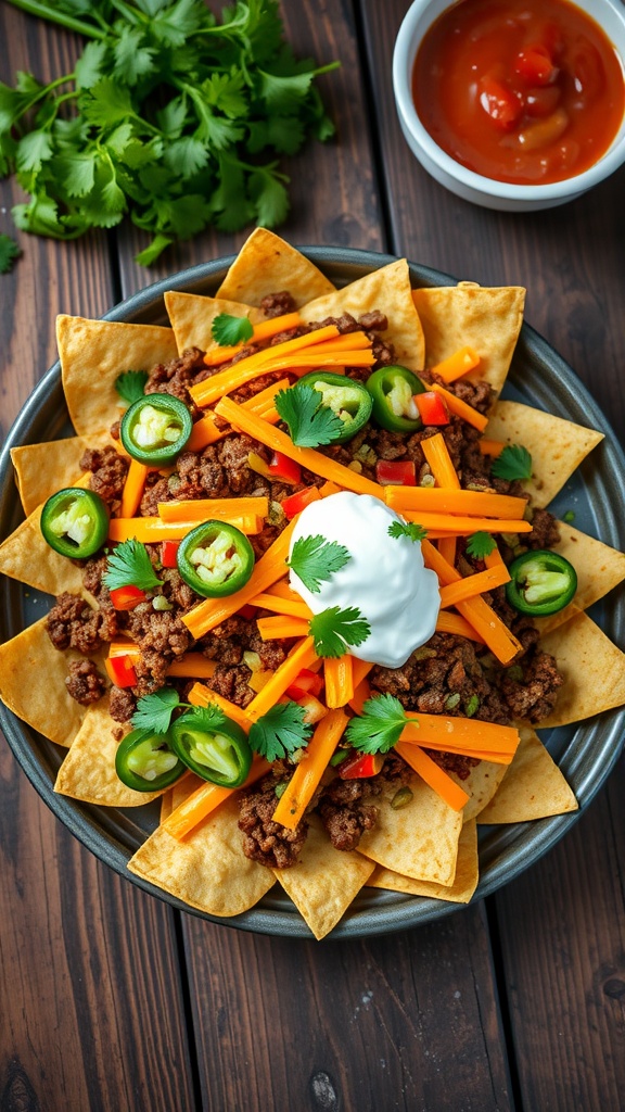 A plate of loaded ground beef nachos with cheese, jalapeños, and fresh cilantro, served with a side of salsa.