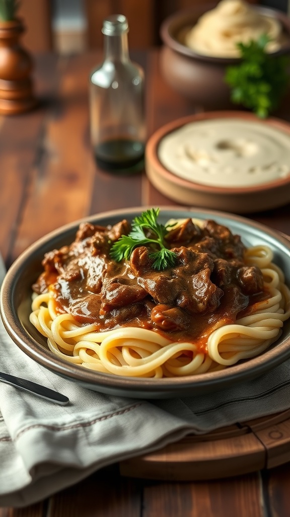 A plate of beef stroganoff over egg noodles garnished with parsley, served with additional sides