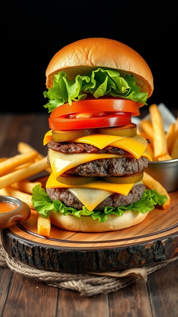 A classic beef burger stacked high with lettuce, tomatoes, cheese, and pickles, served on a wooden platter with fries.