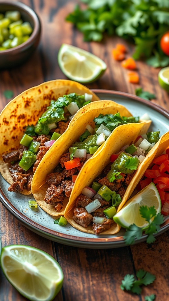 Three spicy beef tacos topped with salsa verde and fresh vegetables on a plate