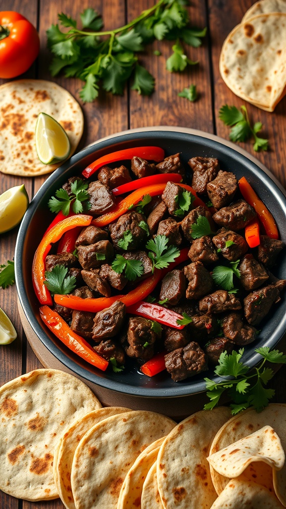 A plate of beef fajitas with peppers and tortillas, garnished with cilantro on a wooden table.