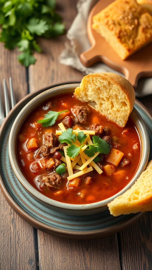 A bowl of hearty beef chili topped with cheese and cilantro, served with a slice of cornbread.