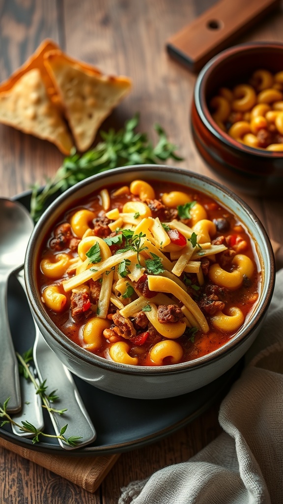 A bowl of chili mac with ground beef, topped with cheese and herbs, served on a wooden table with crackers on the side.