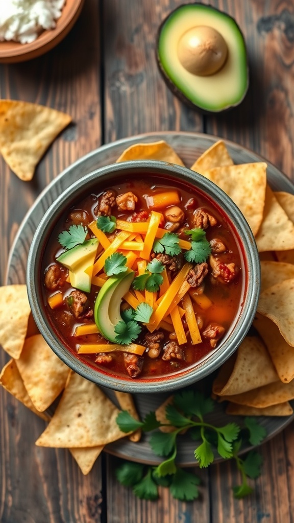 Bowl of ground beef taco soup topped with avocado, cheese, and cilantro, surrounded by tortilla chips.