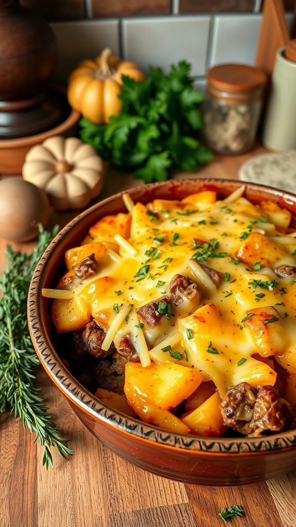 A hearty beef and potato casserole topped with melted cheese, surrounded by fresh herbs and ingredients in a cozy kitchen setting.