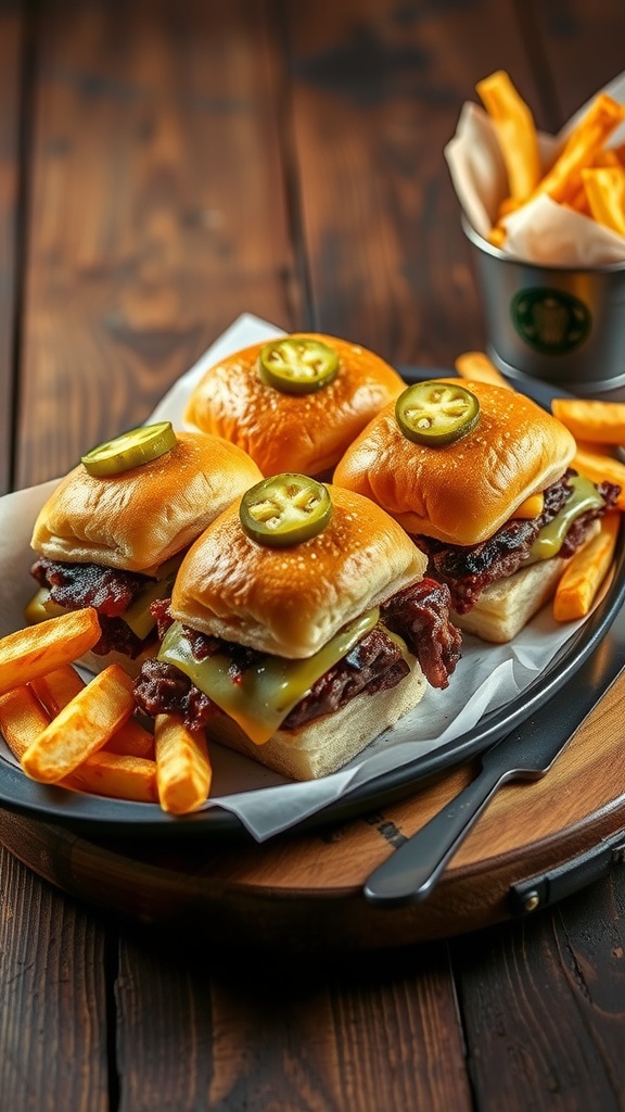 A plate of beef and cheese sliders with jalapeños and sweet potato fries.